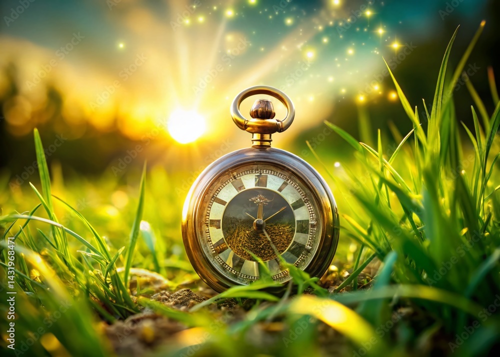 Vintage Pocket Watch on Sunlit Grass: Double Exposure Stock Photo