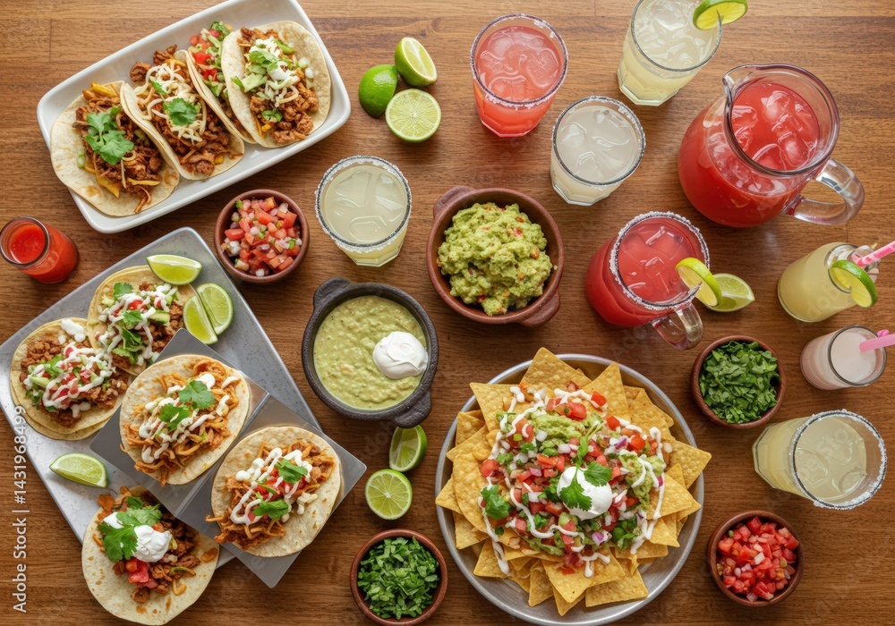 An inviting overhead display of delicious tacos, nachos, margaritas, and classic Mexican fare. An inviting overhead display of delicious tacos, nachos, margaritas, and classic Mexican fare.
