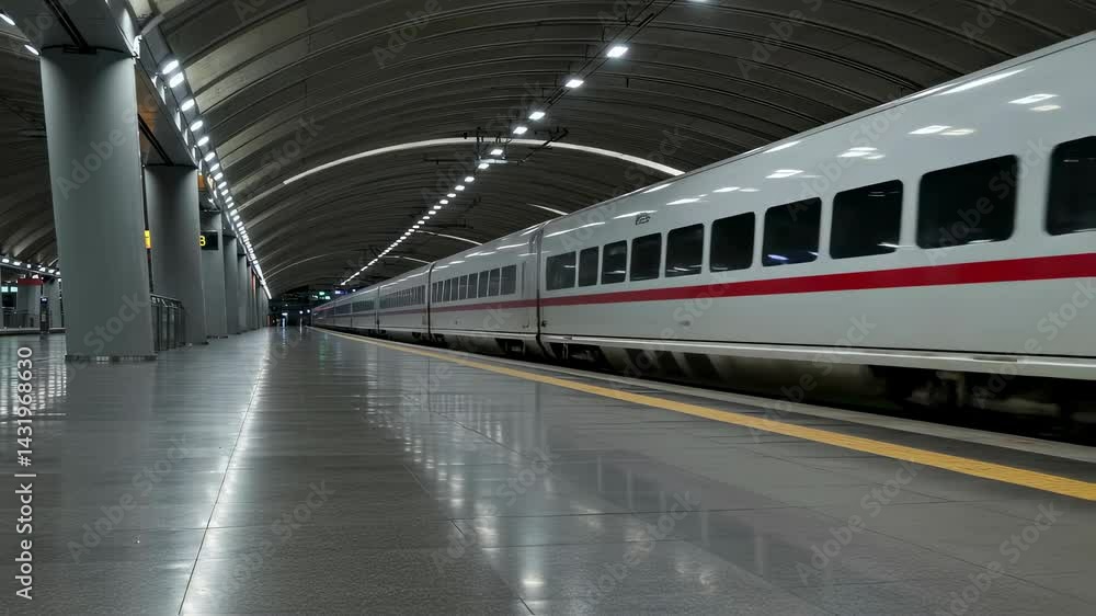 High speed train arriving at station platform. Modern railway waiting area in motion video. International transport and travel concept video for transportation projects footage. High speed train arriving at station platform. Modern railway waiting area in motion video. International transport and travel concept video for transportation projects footage.