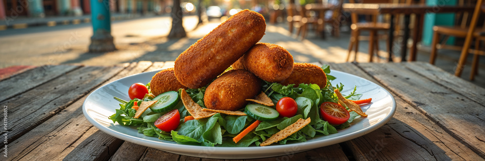 Croquettes with green salad and fresh vegetables on a table in a street cafe, Cuba traditional food