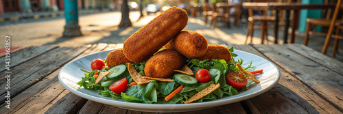 Obraz na płótnie Croquettes with green salad and fresh vegetables on a table in a street cafe, Cuba traditional food w salonie