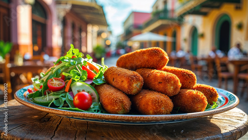Croquettes with green salad and fresh vegetables on a table in a street cafe, Cuba traditional food