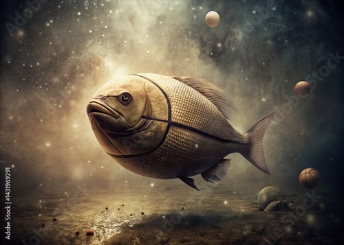 Vintage Retro Photo of a Surreal Basketball Fish, Sepia Tone, Aquatic Sport