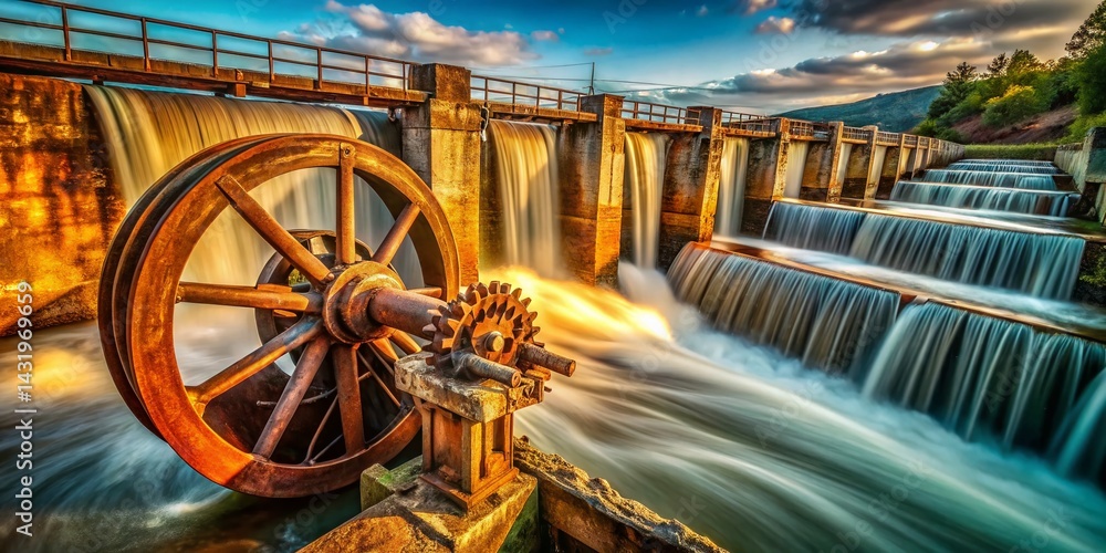 Vintage Rusted Water Turbine Spinning at Dam - Industrial Power Generation