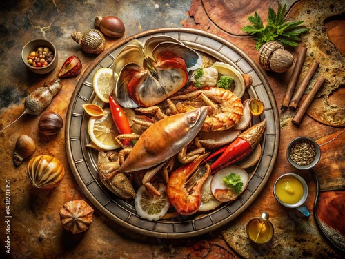 Obraz na płótnie Vintage Sea Chart Background with Rustic Seafood Platter - Stock Photo w salonie