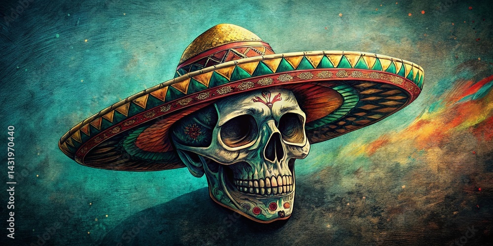 Vintage Sketchy Skull in Mexican Sombrero - Surreal Cartoon Illustration