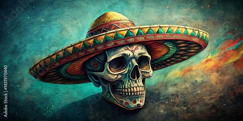 Vintage Sketchy Skull in Mexican Sombrero - Surreal Cartoon Illustration