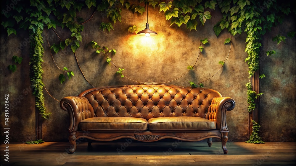 Vintage Sofa in Dimly Lit Room with Textured Walls & Climbing Vines - Panoramic Stock Photo