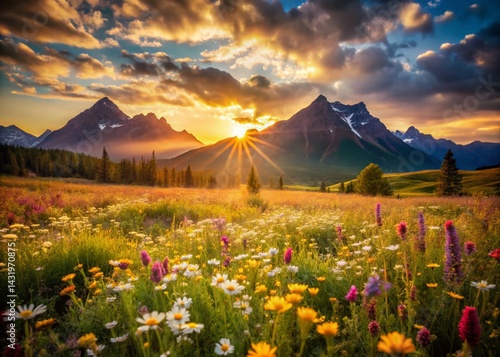 Vintage Spring Sunrise: Wildflowers and Majestic Mountains