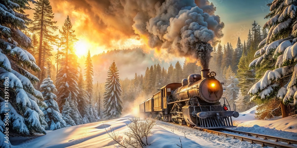 Vintage Steam Train in Snowy Winter Woods - Majestic Railway Scene