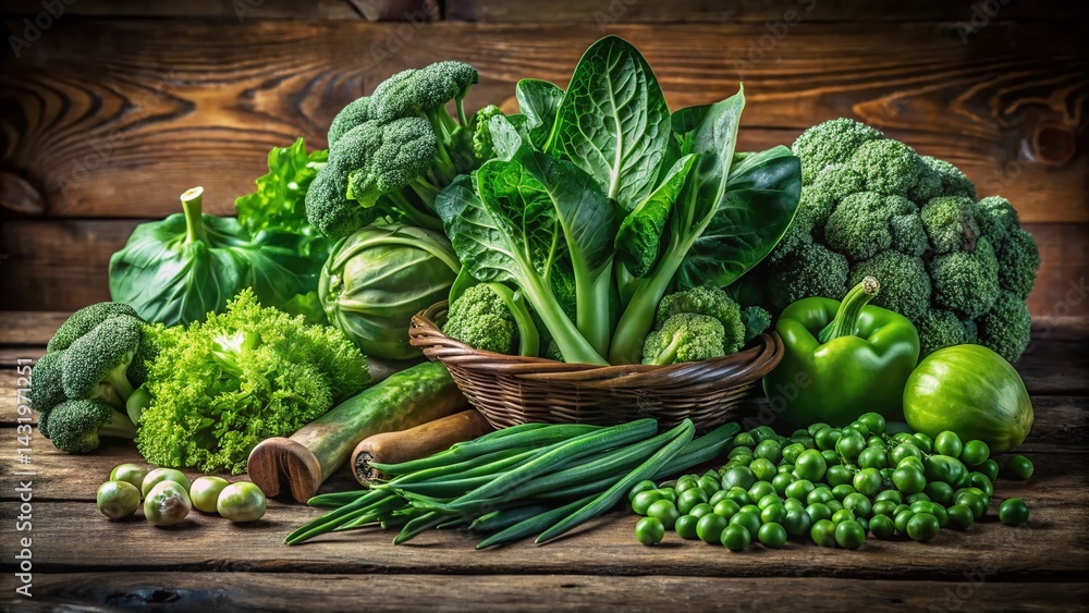 Vintage Still Life: Fresh Green Vegetables Assortment