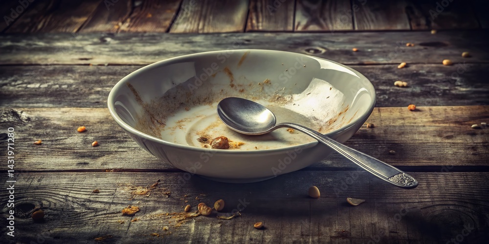 Vintage Still Life: Empty Bowl, Leftover Meal, Rustic Spoon