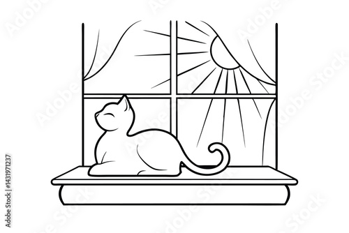 Relaxing cat silhouette on a window sill with morning sun in a minimalist black and white style