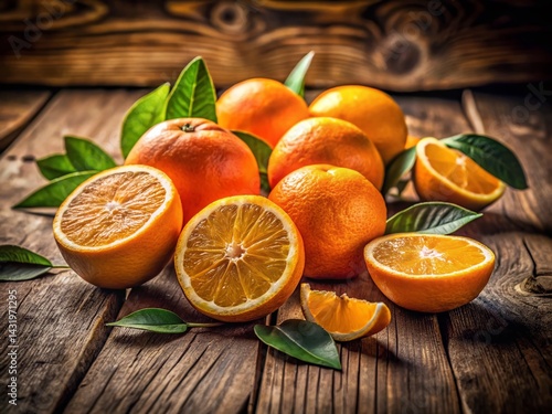 Vintage Still Life: Sun-Drenched Orange Slices, Rustic Wooden Table