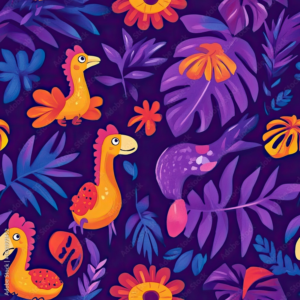 Vibrant Tropical Dinosaur Pattern: A Colorful Jungle Adventure with Cartoon Dinosaurs and Lush Foliage Vibrant Tropical Dinosaur Pattern: A Colorful Jungle Adventure with Cartoon Dinosaurs and Lush Foliage