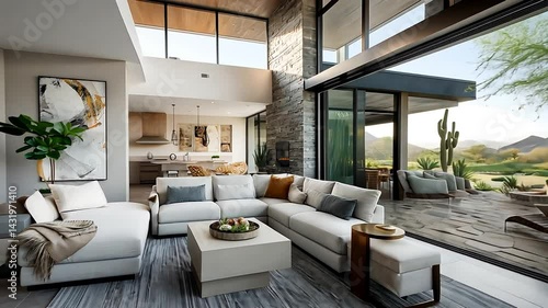 Wallpaper Mural Modern living room opens to desert patio with mountain views Torontodigital.ca