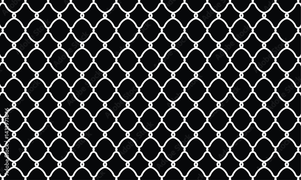 Minimalist repeating chain-link fence pattern: white diamond grid with circular links on black. Geometric, flat design, front-view, seamless texture. Ideal for industrial/security themes. No shadows. Minimalist repeating chain-link fence pattern: white diamond grid with circular links on black. Geometric, flat design, front-view, seamless texture. Ideal for industrial/security themes. No shadows.