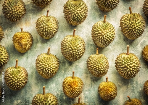 Vintage Style Durian Fruit Seamless Pattern, Top View, White Background