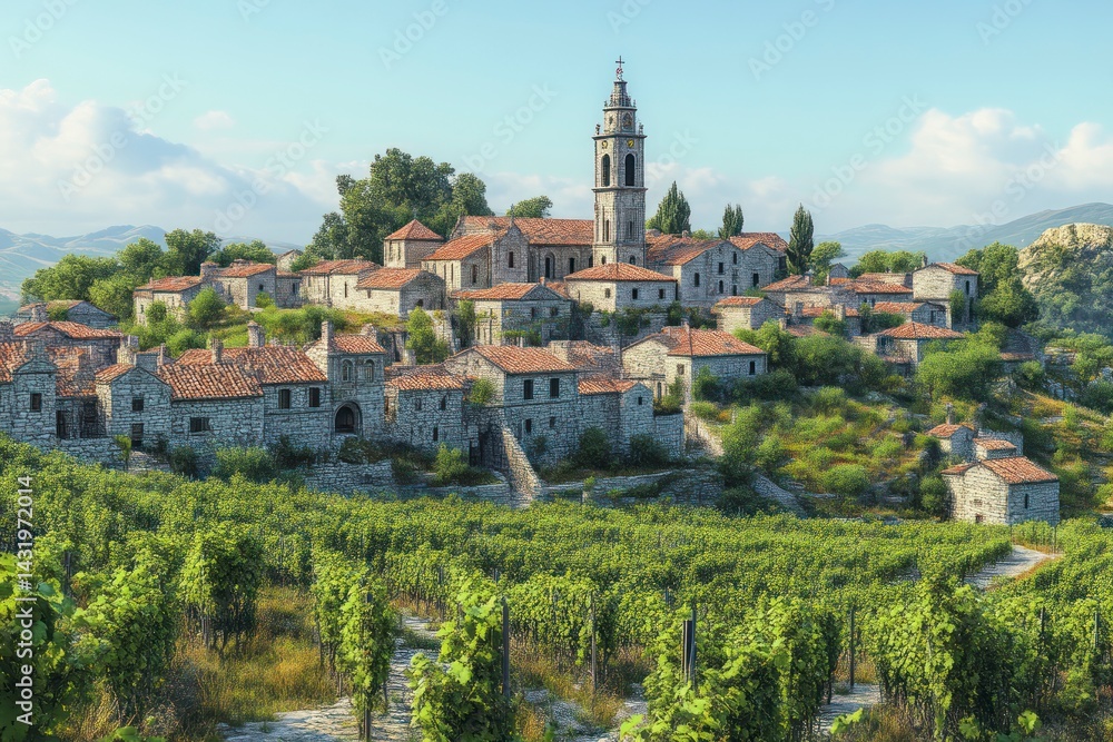 Fototapeta premium Charming Hillside Village with Vineyards and Towering Structure