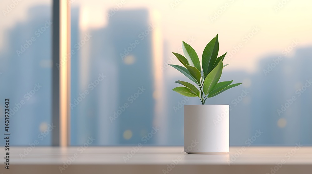 Small Potted Plant on Windowsill with City Skyline Small Potted Plant on Windowsill with City Skyline