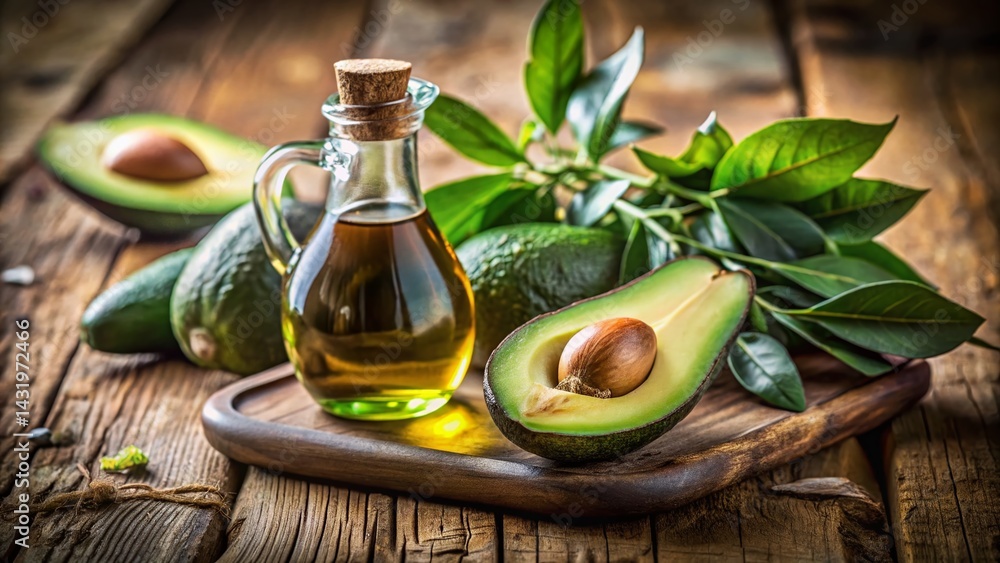 Vintage Style Photo: Halved Avocado with Olive Oil on Rustic Wood