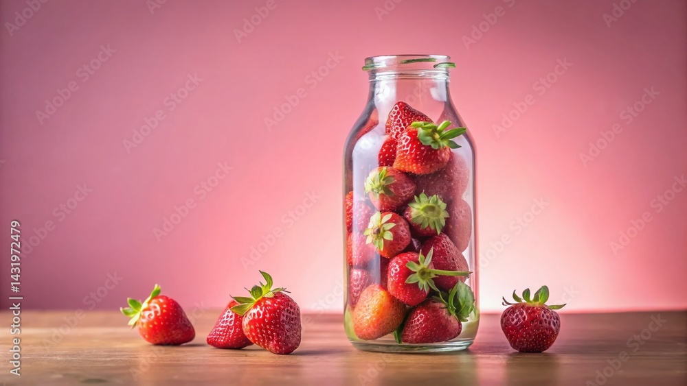 Vintage Style Photo: Juicy Strawberries in Glass Bottle on Pink Background - Perfect for Summer Recipes & Food Blogs