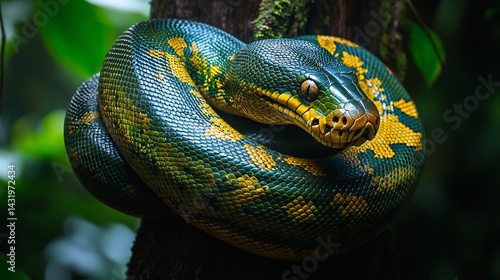 Massive anaconda coiling around a tree in the Amazon rainforest emerald green scales glistening under soft jungle light ultra HD wildlife photography