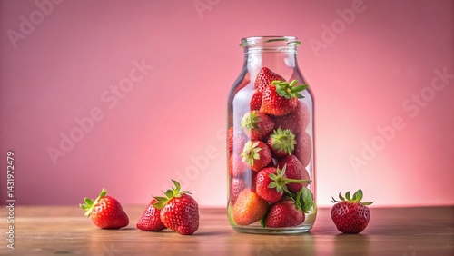Obraz na płótnie Vintage Style Photo: Juicy Strawberries in Glass Bottle on Pink Background - Perfect for Summer Recipes & Food Blogs w salonie