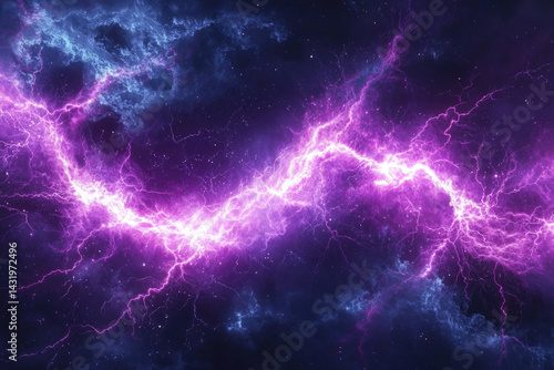 A vibrant purple lightning bolt streaks across a dark, starry nebula, creating a cosmic electrical storm.