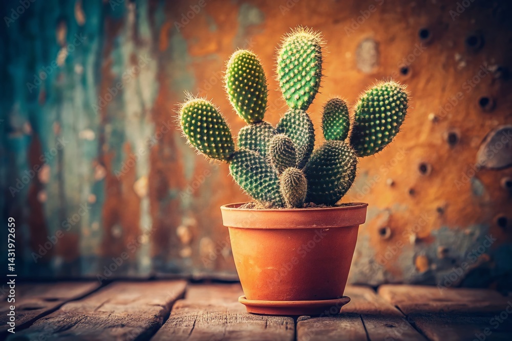 Vintage Style Photo of a Houseplant Cactus in a Terracotta Pot