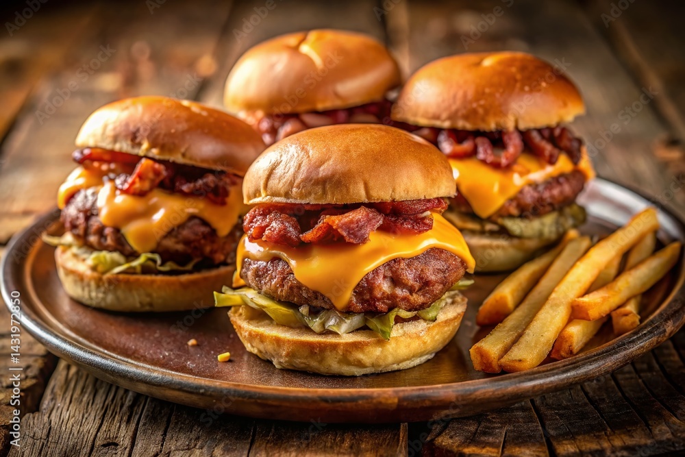 Vintage-Style Photo: Three Bacon Cheeseburger Sliders with Fries