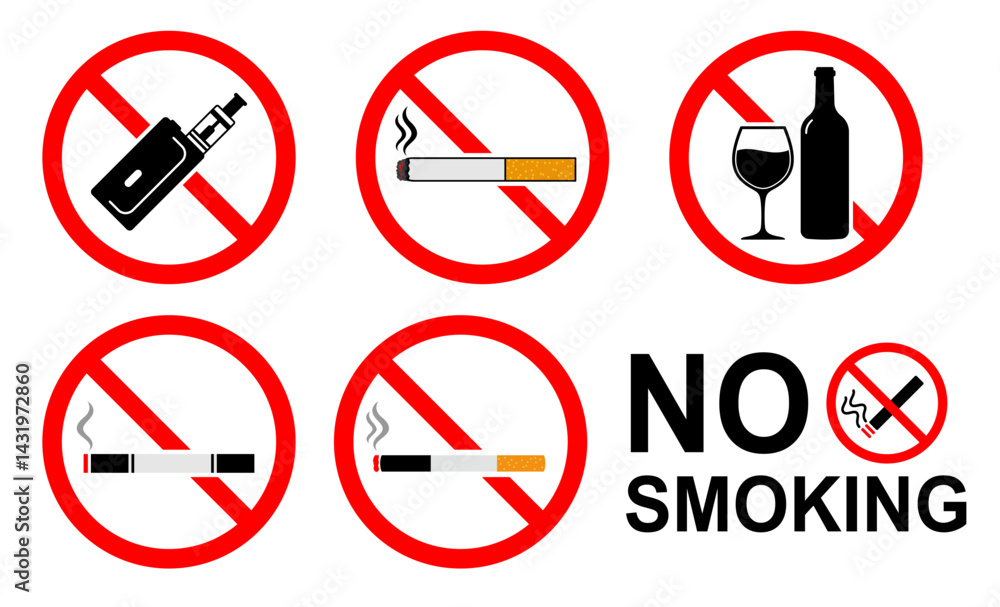 No smoking or vaping or alcohol sign set. vector sign for health consciousness. No smoking or vaping or alcohol sign set. vector sign for health consciousness.