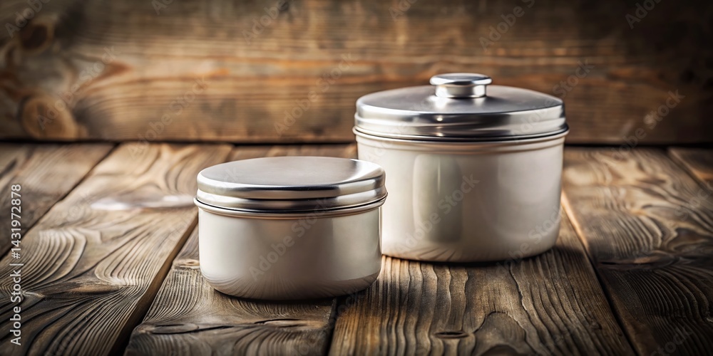Vintage Style Photo: Two White Containers with Silver Lids on Wooden Table