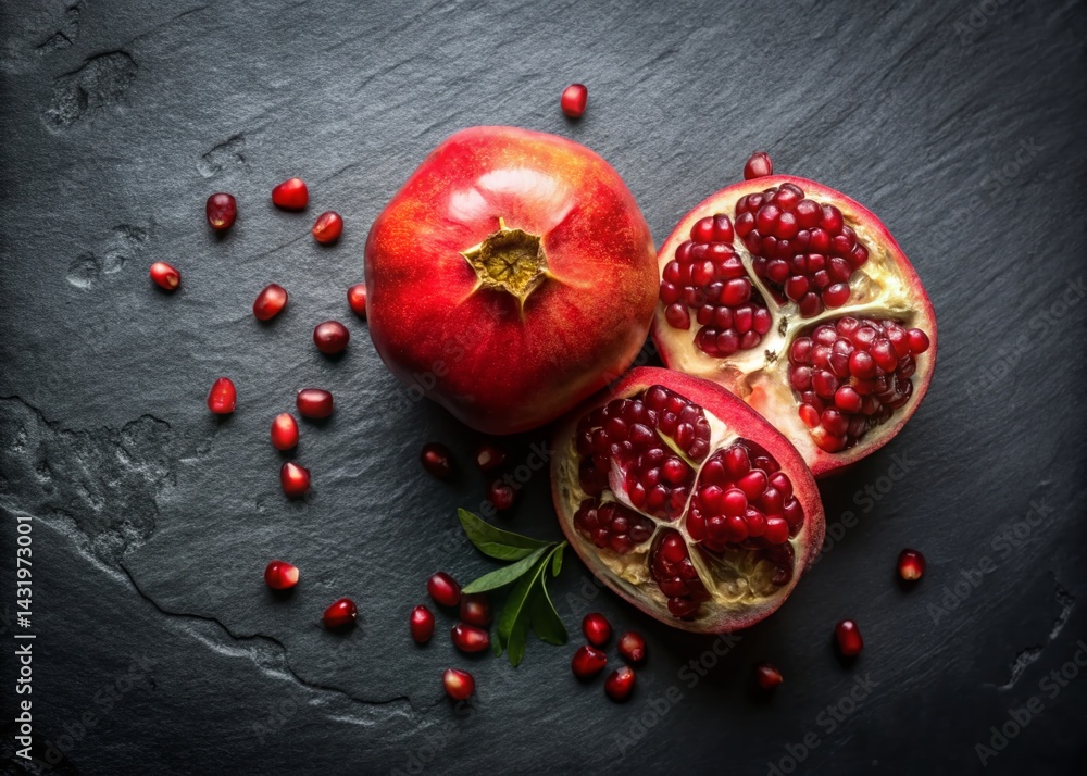 Vintage Style Pomegranate Still Life: Juicy Red Fruit on Black Background