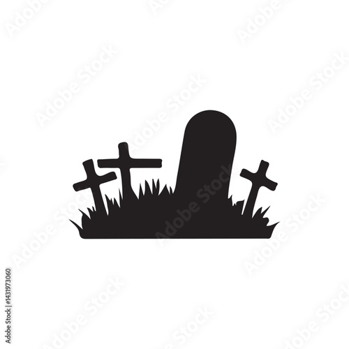 Simple black silhouette of a graveyard.A simple, black silhouette of a graveyard scene, featuring tombstones and crosses in a grassy area.