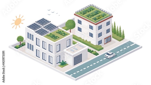 An isometric illustration of green buildings with rooftop gardens and solar panels, showcasing sustainable urban development