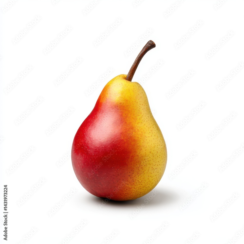A single pear with red and yellow color on a plain white color background A single pear with red and yellow color on a plain white color background