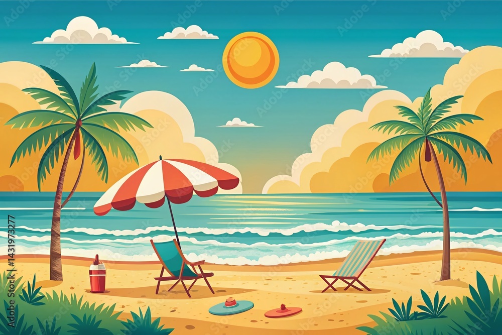 Vintage Summer Beach Flat Design Cartoon Illustration: Bright Sunny Day Fun