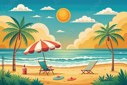 Obraz na płótnie Vintage Summer Beach Flat Design Cartoon Illustration: Bright Sunny Day Fun w salonie