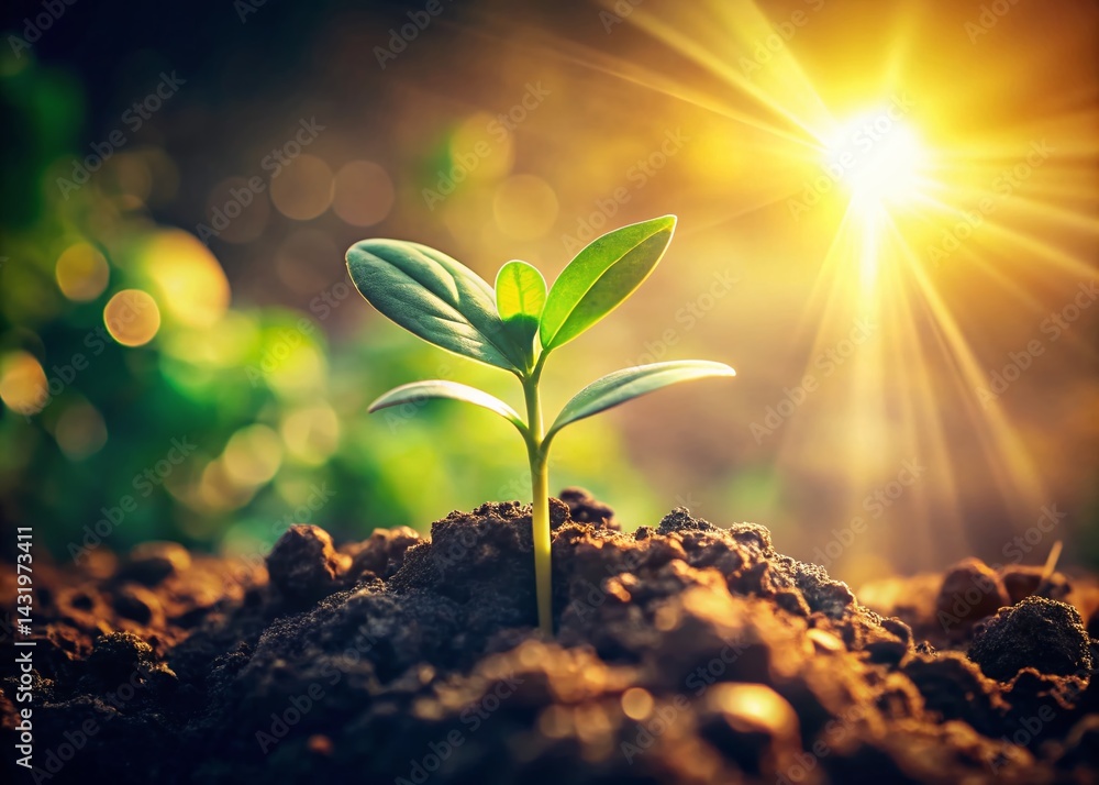 Vintage Sunlit Green Plant Sprout - Early Spring Growth Photography