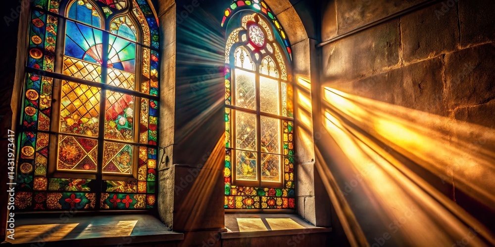 Vintage Sunlight Streaming Through Colorful Stained Glass Window