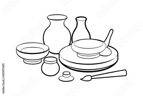 Black and white pottery making outline illustration of vases,bowls,paint,and ceramic wheel