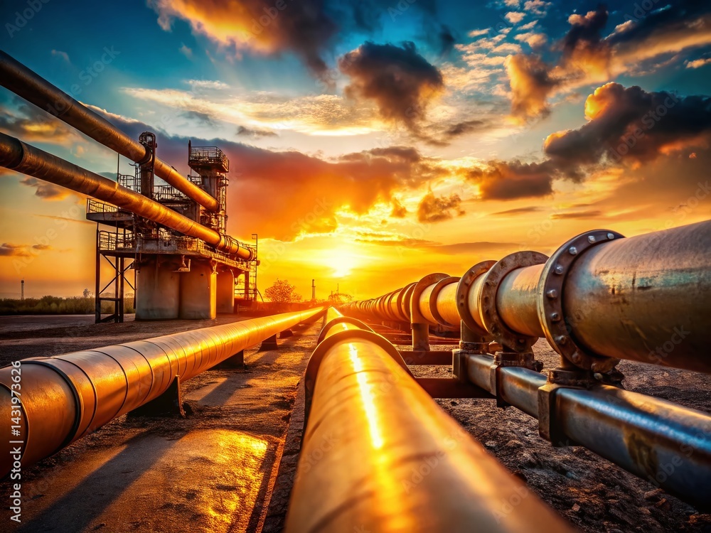 Vintage Sunset Industrial Pipeline - Retro Oil Refinery Dusk Landscape