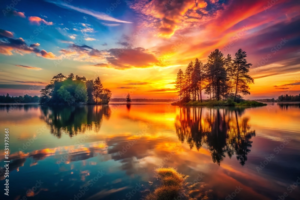 Vintage Sunset Lake Reflection - Peaceful Evening Landscape Photography