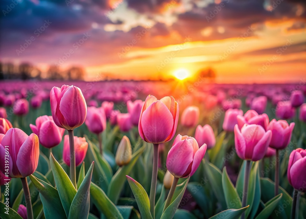 Vintage Sunset Pink Tulip Field Spring Nature Poster Wallpaper Banner Stock Photo