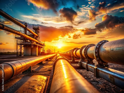 Obraz na płótnie Vintage Sunset Industrial Pipeline - Retro Oil Refinery Dusk Landscape w salonie