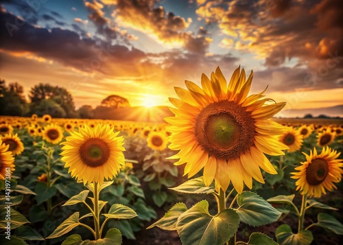 Obraz na płótnie Vintage Sunset Sunflower Field: Golden Hour Bloom Photography w salonie