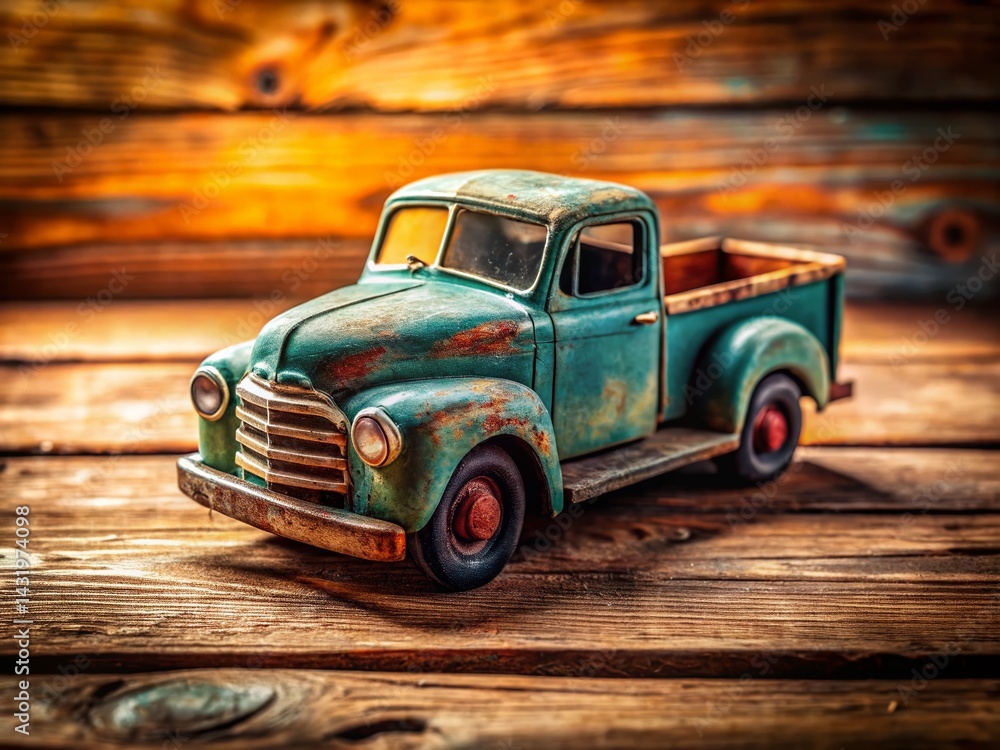 Vintage Toy Truck on Rustic Wood - Retro Childhood Nostalgia Stock Photo