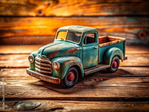 Obraz na płótnie Vintage Toy Truck on Rustic Wood - Retro Childhood Nostalgia Stock Photo w salonie