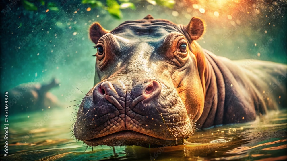 Vintage Underwater Hippopotamus Macro Photography: Close-Up of a Swimming Hippo